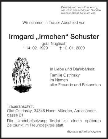 Todesanzeige von Irmgard Schuster von HNA