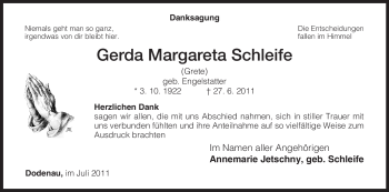 Todesanzeige von Gerda Margareta Schleife von HNA
