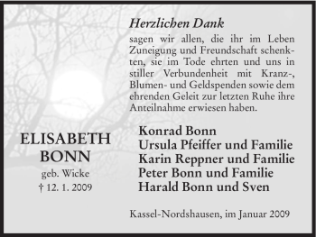 Todesanzeige von Elisabeth Bonn von HNA