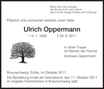 Todesanzeige von Ulrich Oppermann von HNA