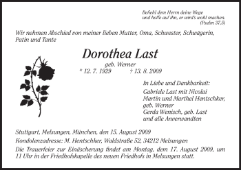 Todesanzeige von Dorothea Last von HNA