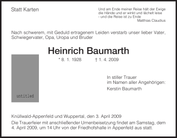 Todesanzeige von Heinrich Baumarth von HNA