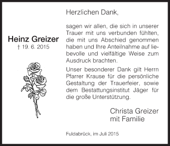 Todesanzeige von Heinz Greizer von HNA