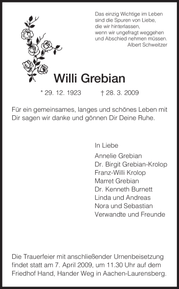 Todesanzeige von Willi Grebian von HNA