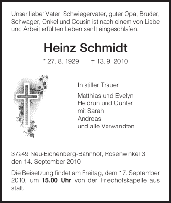 Todesanzeige von Heinz Schmidt von HNA