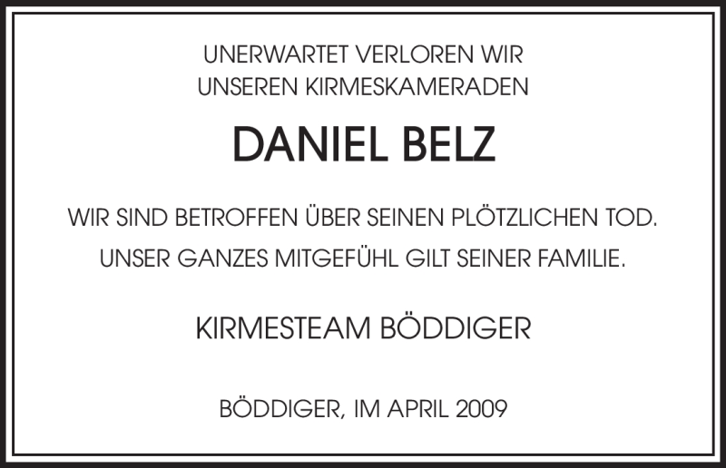  Traueranzeige für Daniel Belz vom 14.04.2009 aus HNA