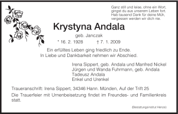 Todesanzeige von Krystyna Andala von HNA