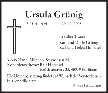 Todesanzeige von Ursula Grünig von HNA