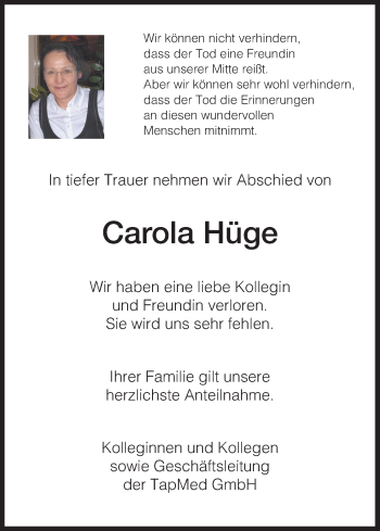 Todesanzeige von Carola Hüge von HNA