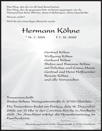 Todesanzeige von Hermann Köhne von HNA