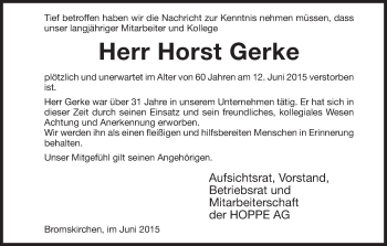 Todesanzeige von Horst Gerke von HNA