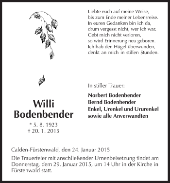 Todesanzeige von Willi Bodenbender von HNA