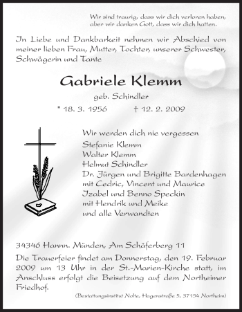Todesanzeige von Gabriele Klemm von HNA