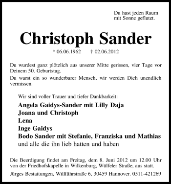 Todesanzeige von Christoph Sander von HNA