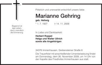 Todesanzeige von Marianne Gehring von HNA