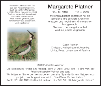Todesanzeige von Margarete Kerner von HNA