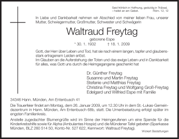 Todesanzeige von Waltraud Freytag von HNA