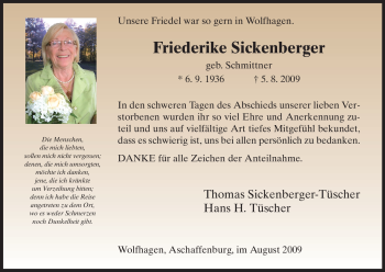 Todesanzeige von Friederike Sickenberger von HNA