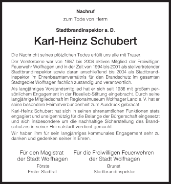 Todesanzeige von Karl-Heinz Schubert von HNA