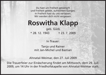 Todesanzeige von Roswitha Klapp von HNA
