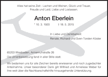 Todesanzeige von Anton Eberlein von HNA