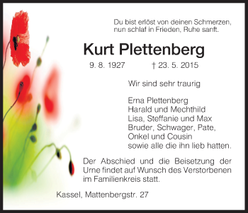 Todesanzeige von Kurt Plettenberg von HNA