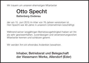 Todesanzeige von Otto Specht von HNA