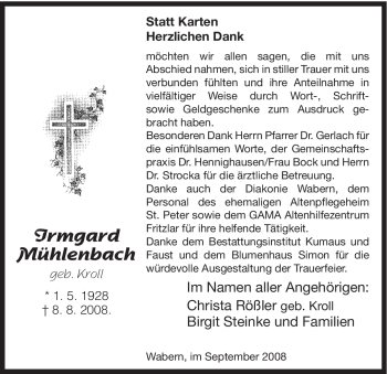 Todesanzeige von Irmgard Mühlenbach von HNA