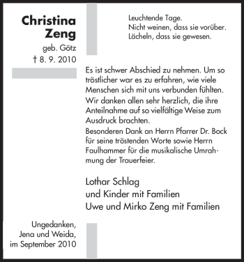 Todesanzeige von Christina Zeng von HNA
