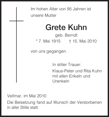 Todesanzeige von Grete Kuhn von HNA