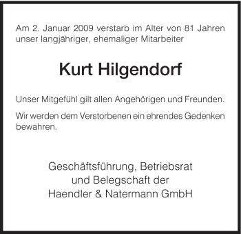 Todesanzeige von Kurt Hilgendorf von HNA