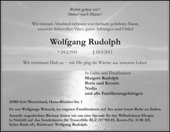 Todesanzeige von Wolfgang Rudolph von HNA