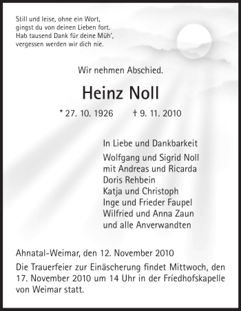 Todesanzeige von Heinz Noll von HNA