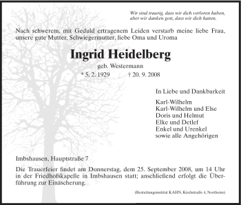 Todesanzeige von Ingrid Heidelberg von HNA
