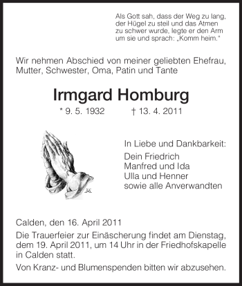 Todesanzeige von Irmgard Homburg von HNA