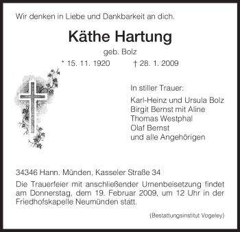 Todesanzeige von Käthe Hartung von HNA
