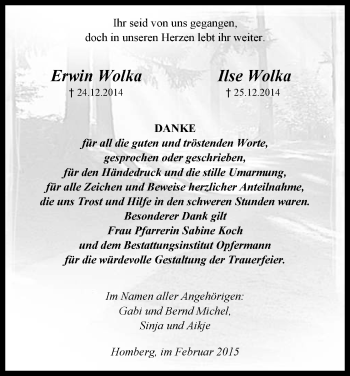 Todesanzeige von Erwin und Ilse Wolka von HNA