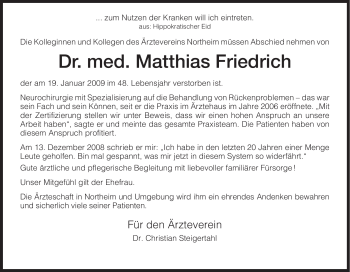 Todesanzeige von Matthias Friedrich von HNA