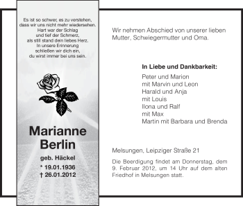Todesanzeige von Marianne Berlin von HNA