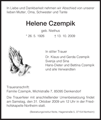 Todesanzeige von Helene Czempik von HNA