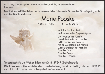 Todesanzeige von Marie Pooske von HNA