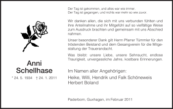 Todesanzeige von Anni Schellhase von HNA