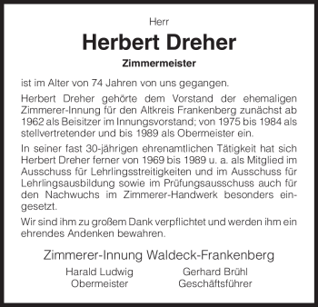 Todesanzeige von Herbert Dreher von HNA