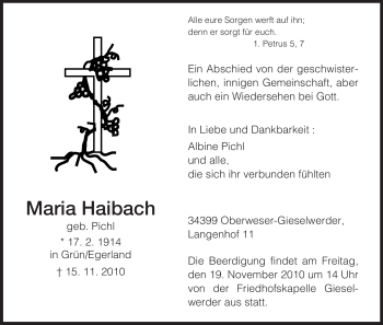 Todesanzeige von Maria Haibach von HNA