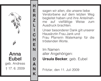 Todesanzeige von Anna Eubel von HNA