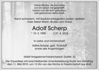 Todesanzeige von Adolf Scherp von HNA