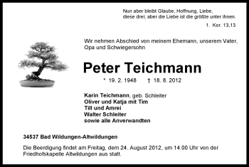 Todesanzeige von Peter Teichmann von HNA