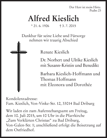 Todesanzeige von Alfred Kieslich von HNA