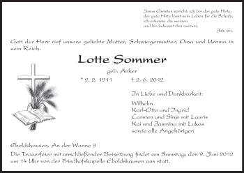 Todesanzeige von Lotte Sommer von HNA