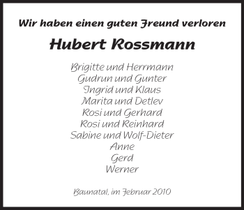 Todesanzeige von Hubert Rossmann von HNA